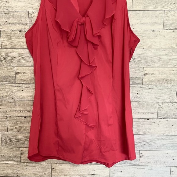 Express Elite Stretch Red Sleeveless  Ladies Jabot Top with Sheer Front Ruffle - Picture 5 of 13